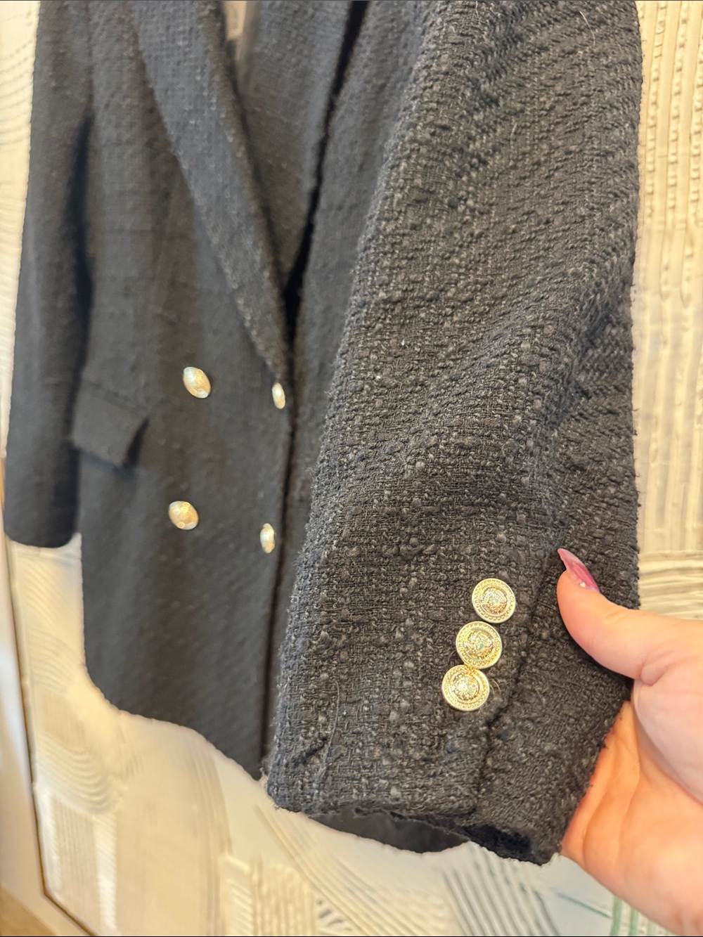 Zara Black Tweed Double-Breasted Blazer with Gold Buttons - Picture 4 of 7